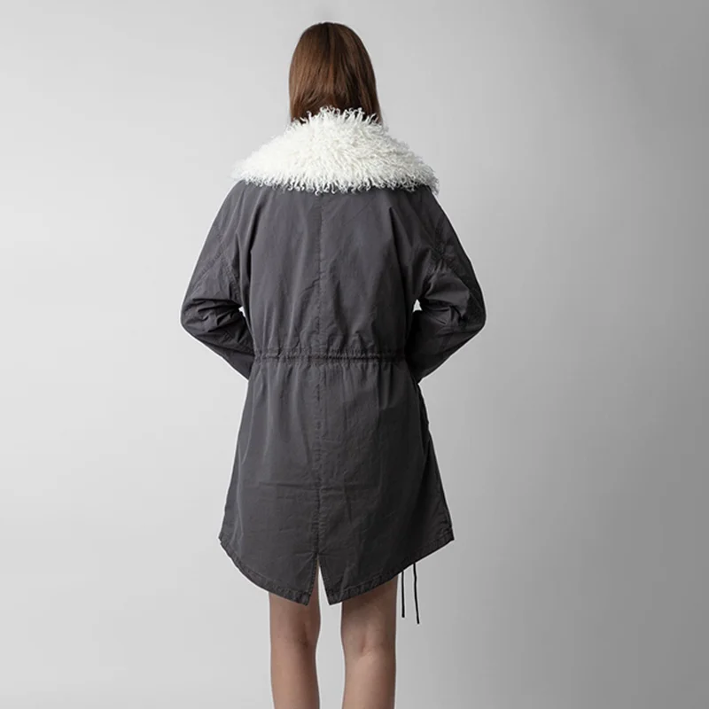 معاطف رمادية أنثى سستة فضفاضة سستة سترات طويلة الشتاء ملابس علوية من القطن المرأة معطف كبير الفراء طوق سترة جيب عادية