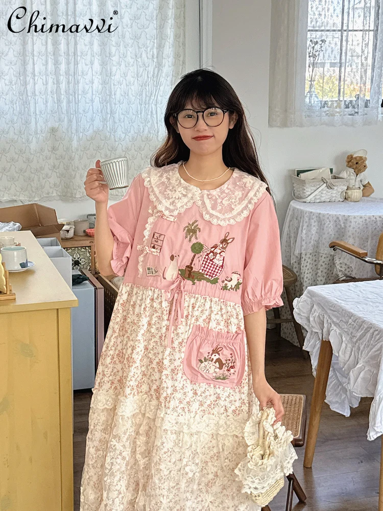 

2025 Summer New Sweet Lace Doll Collar Short-sleeved Dress Cute Girl Pink Floral High-waisted Temperament Doll Dress for Women