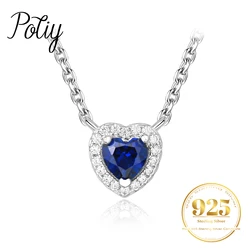 Potiy Heart Created Blue Sapphire 925 Sterling Silver Pendant Necklace for Woman Gemstone Fine Jewelry Fashion Gift 45cm