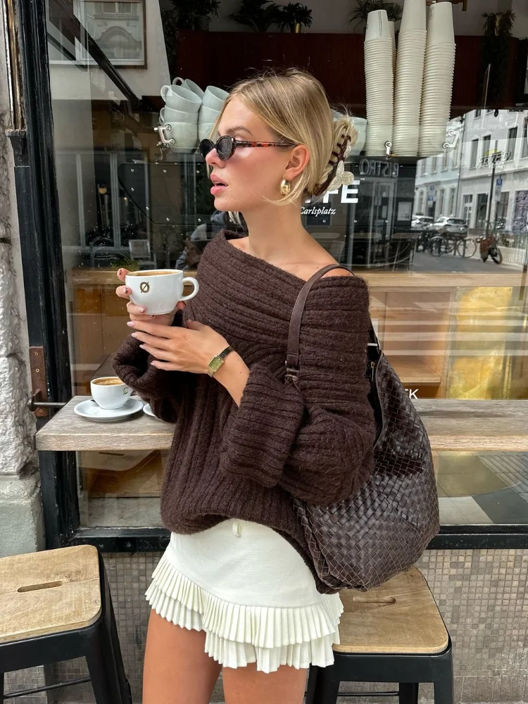 Elegant Solid Off Shoulder Knit Pullover Women Chic Fold Neck Long Sleeve Thick Loose Sweater Winter Lady New Cashmere Knitwear