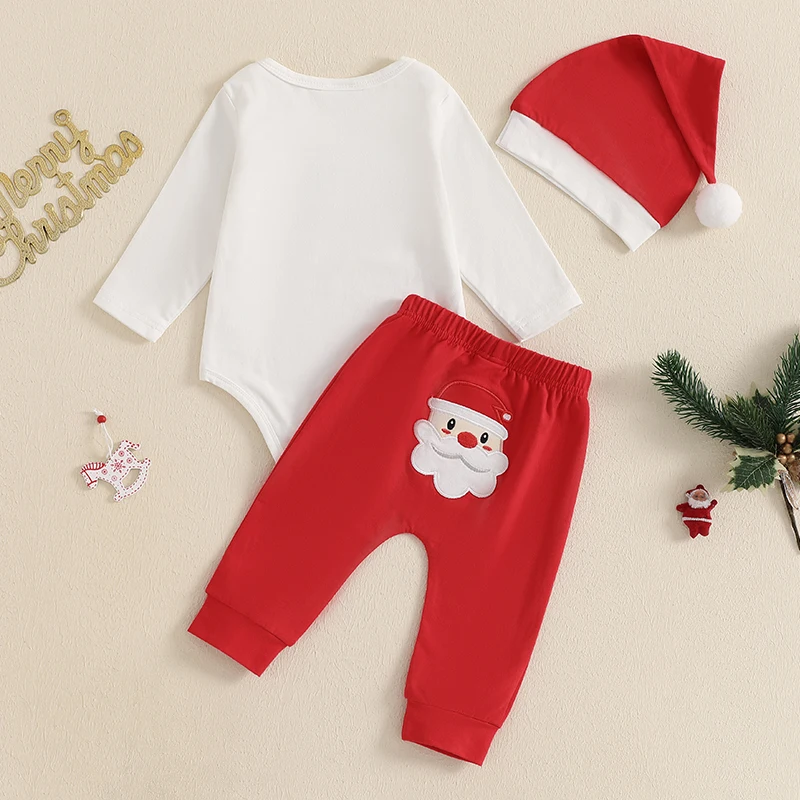 Baby Boys Christmas Letter Pattern Outfits, macacão de manga comprida, Santa Bordado Calças compridas, chapéu, conjunto de roupas, 3pcs