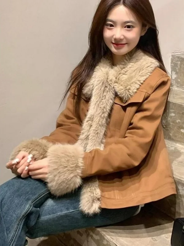 ريترو Sle المرأة فو الفراء Jaet Thiened الربط الجلد المدبوغ ملابس خارجية معطف دافئ رقيق طويل Sve ort طول زر C...
