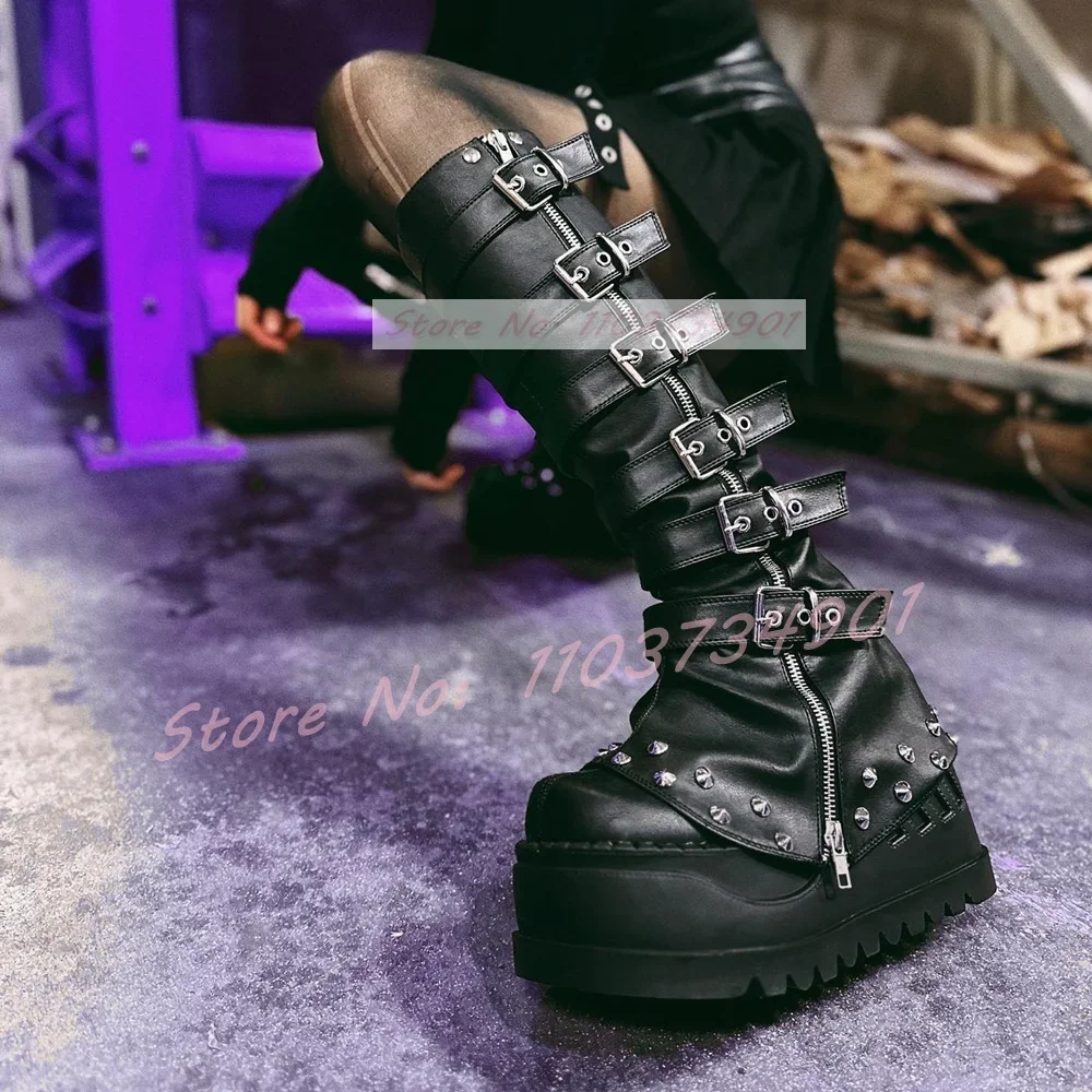 

Rivets Punk Thick Soled Zipper Boots Women Slim Buckle Strap Leg Cover Boots Hot Girl Fashion Solid Height Increasing Shoes