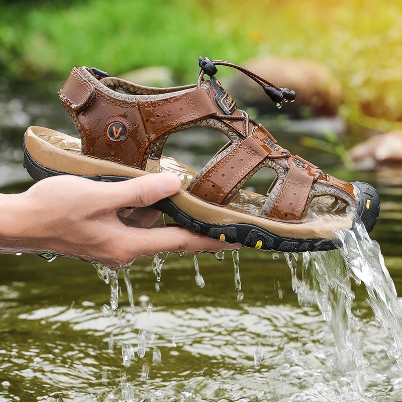 

New Summer Fashion Men's Leather Sandals Hiking Outdoor Shoes Vacation Leisure Large Size Beach Wading Shoes 38-48#