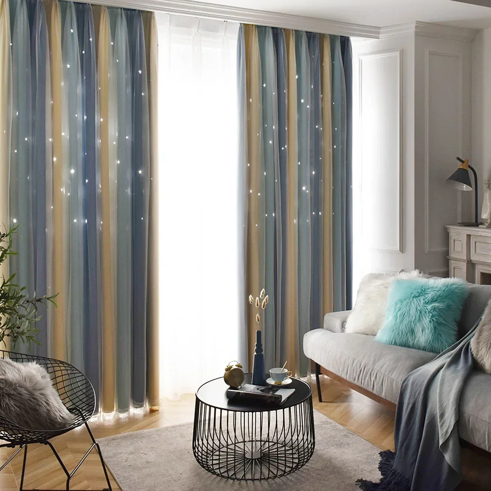 LOZUJOJU Blackout Curtain Gradient Color Hollow Out Star Decor Bedroom French Window Decor Home Textile 1PC