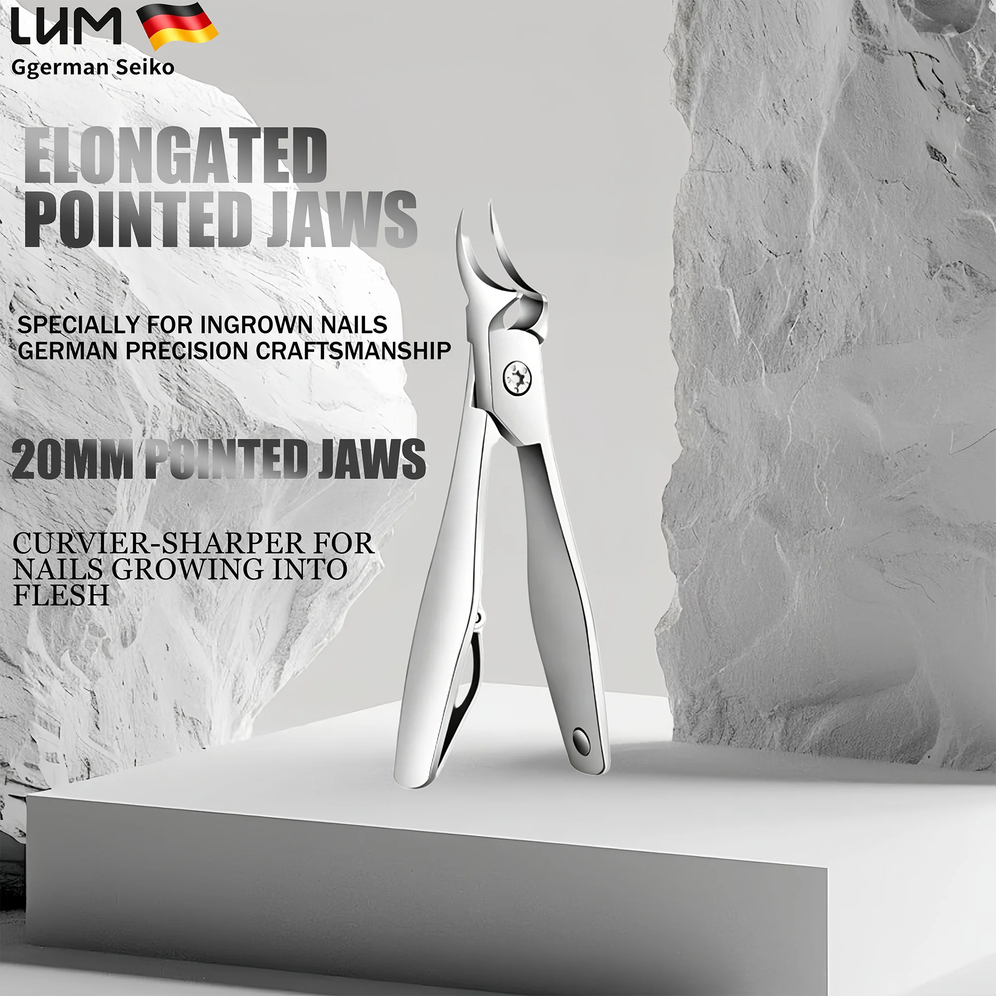

German Seiko Ingrown Toenail Clippers, 45° Ergonomic Angled 20mm Elongated Pointed Jaws Nail Nipper, Stainless Steel Sharp Curve