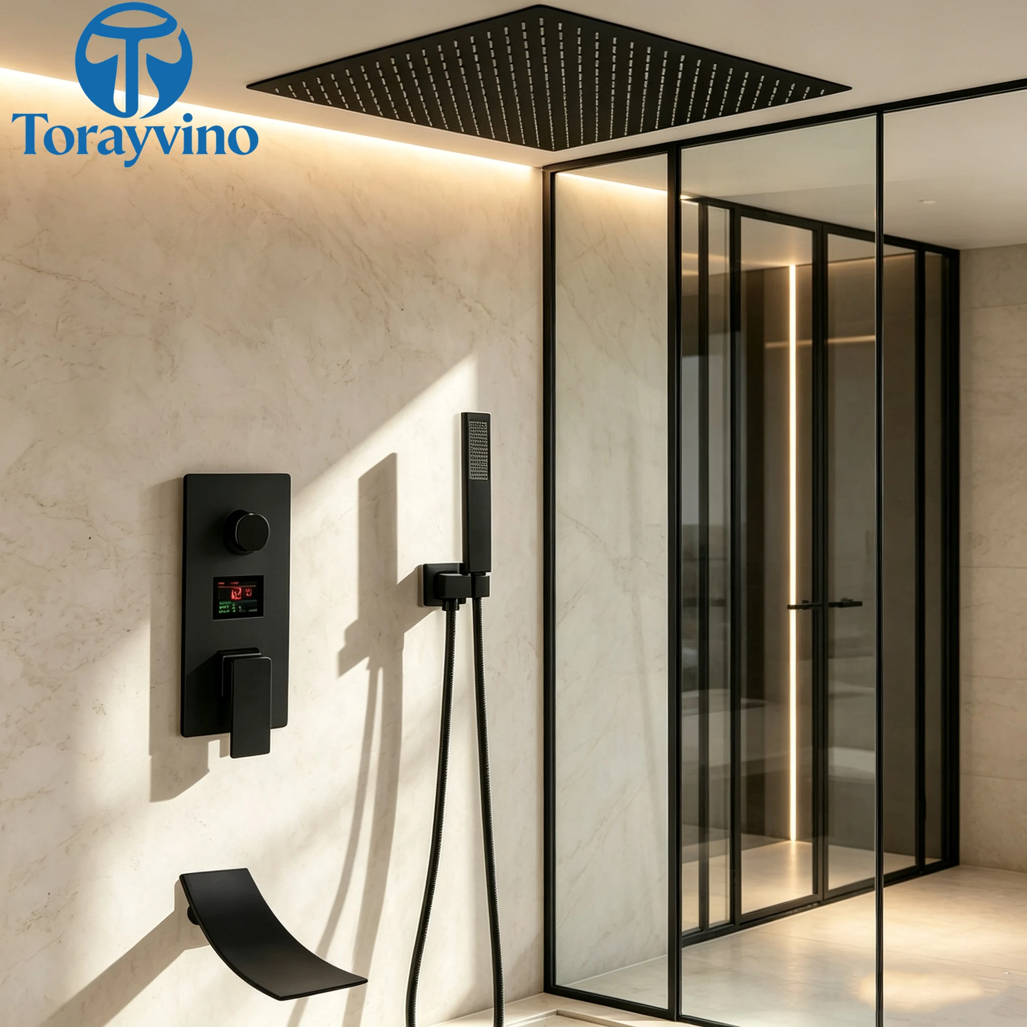 Torayvino Luxury Bathroom Matte Black Shower Faucet System Set Outdoor 3-Functions Rainfall Shower Bath kit Bathtub Mixer Taps