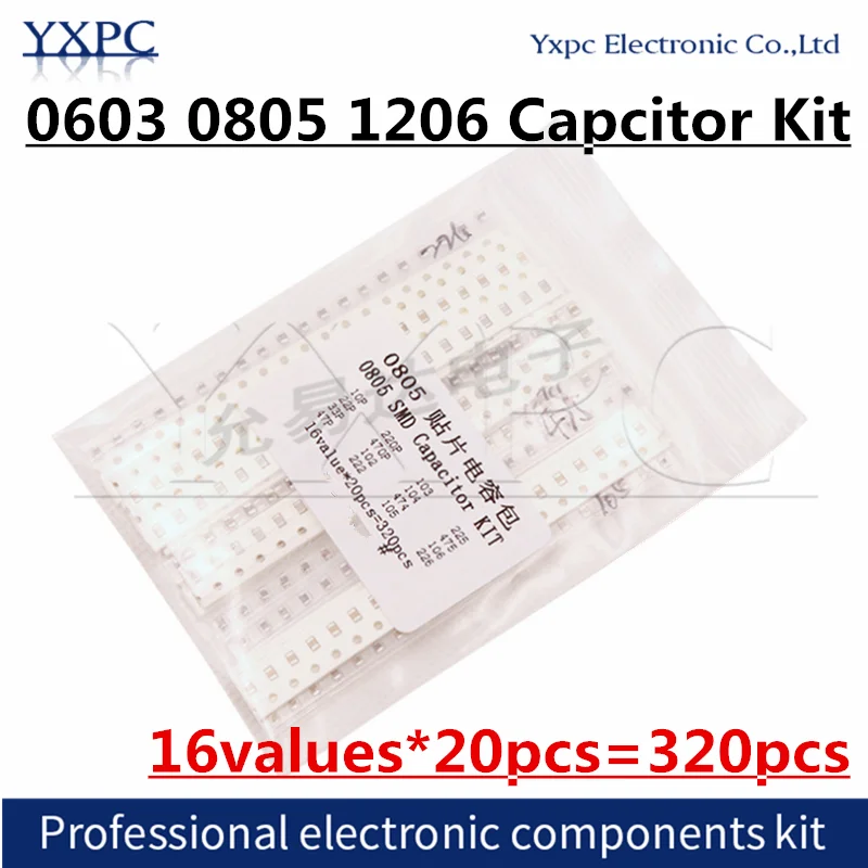 

16values*20pcs=320pcs 0603 0805 1206 SMD Capacitor assorted kit 10PF-22UF Samples kit