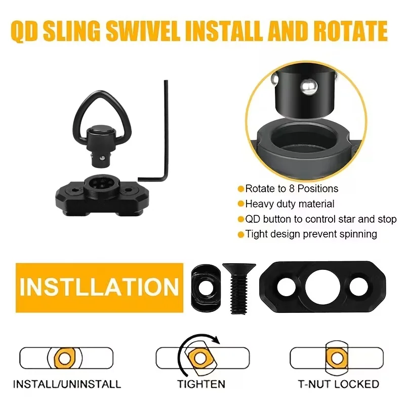 ชุดสายสะพายแบบสองจุด QD จำนวน 2 ชิ้น พร้อมตัวหมุนสายสะพายขนาด 1 นิ้ว ตำแหน่งจุดยึด 8 จุด 45 องศา °   การออกแบบการหมุน สำหรับการล่าสัตว์ อุปกรณ์เสริมปืนของเล่น