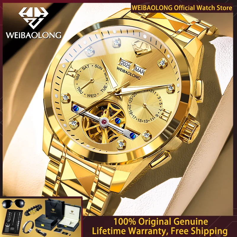 WEIBAOLONG 3801 Men Watch Luxury Skeleton Flywheel Men Automatic Mechanical Watch Tungsten Steel Brand True Diamond Watch Gift