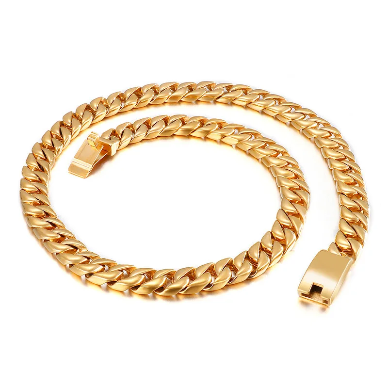 12/15mm Punk Miami Gold Color Cuban Curb Chain Necklace Bracelet Men Women Hiphop Black Stainless Steel Bike Necklaces Jewelry