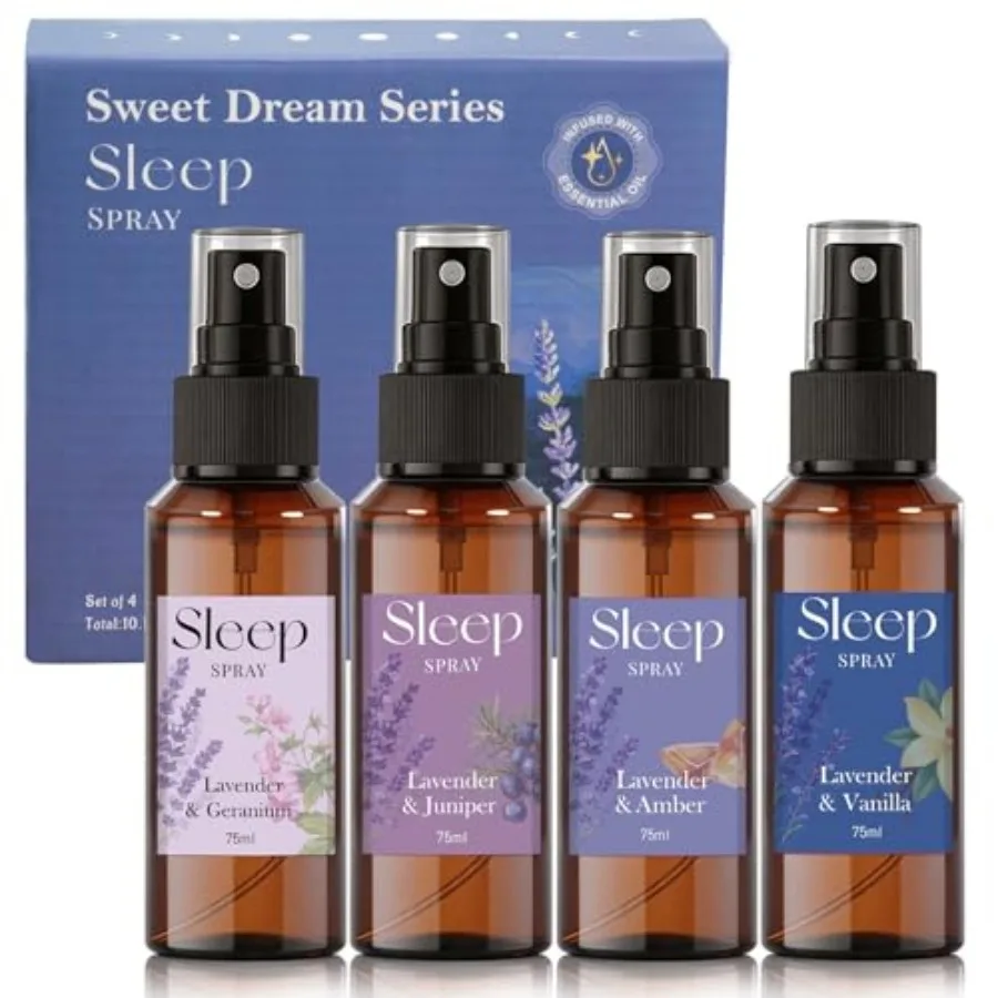 Spray para Dormir, 0.4 oz, Spray Calmante de Lavanda para Dormir, Aceite Esencial de Lavanda, Paquete de 4, Bruma Relajante de Aromaterapia para Almohada