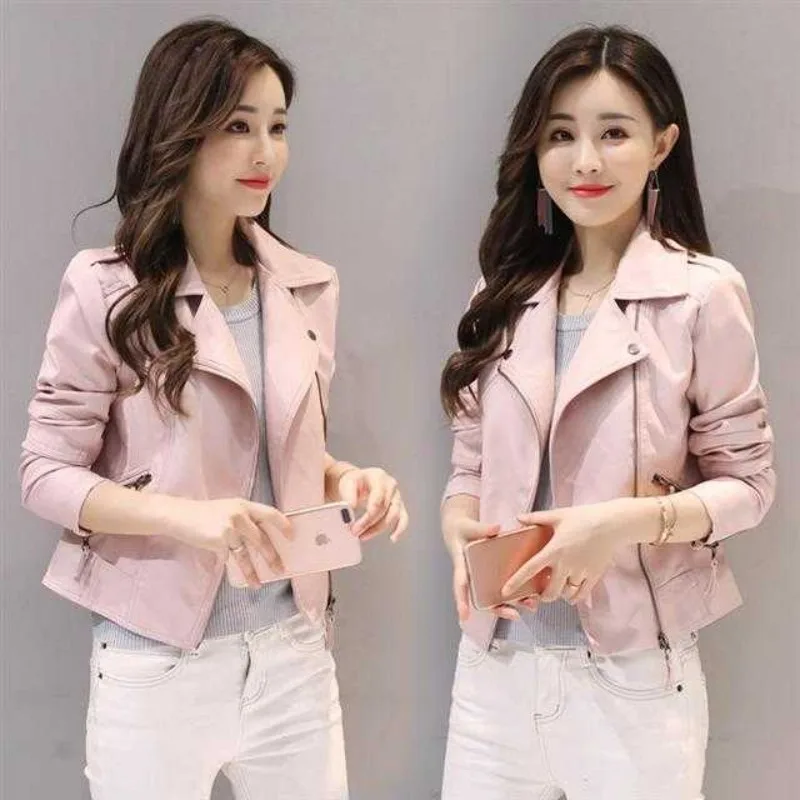 

New in Jacket Spring Autumn Women Short Fashion Lapels Pink PU Slimming Coat Washed Pu Leather Oblique Zipper Women's Coat S-3XL