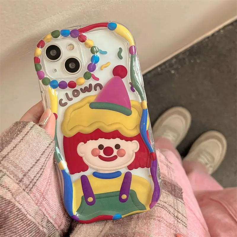 Korean Cartoon Clown Clear Wavy Case for iPhone 14 13 Pro Max 12 11 Pro Plus Shockproof Silicone Cover