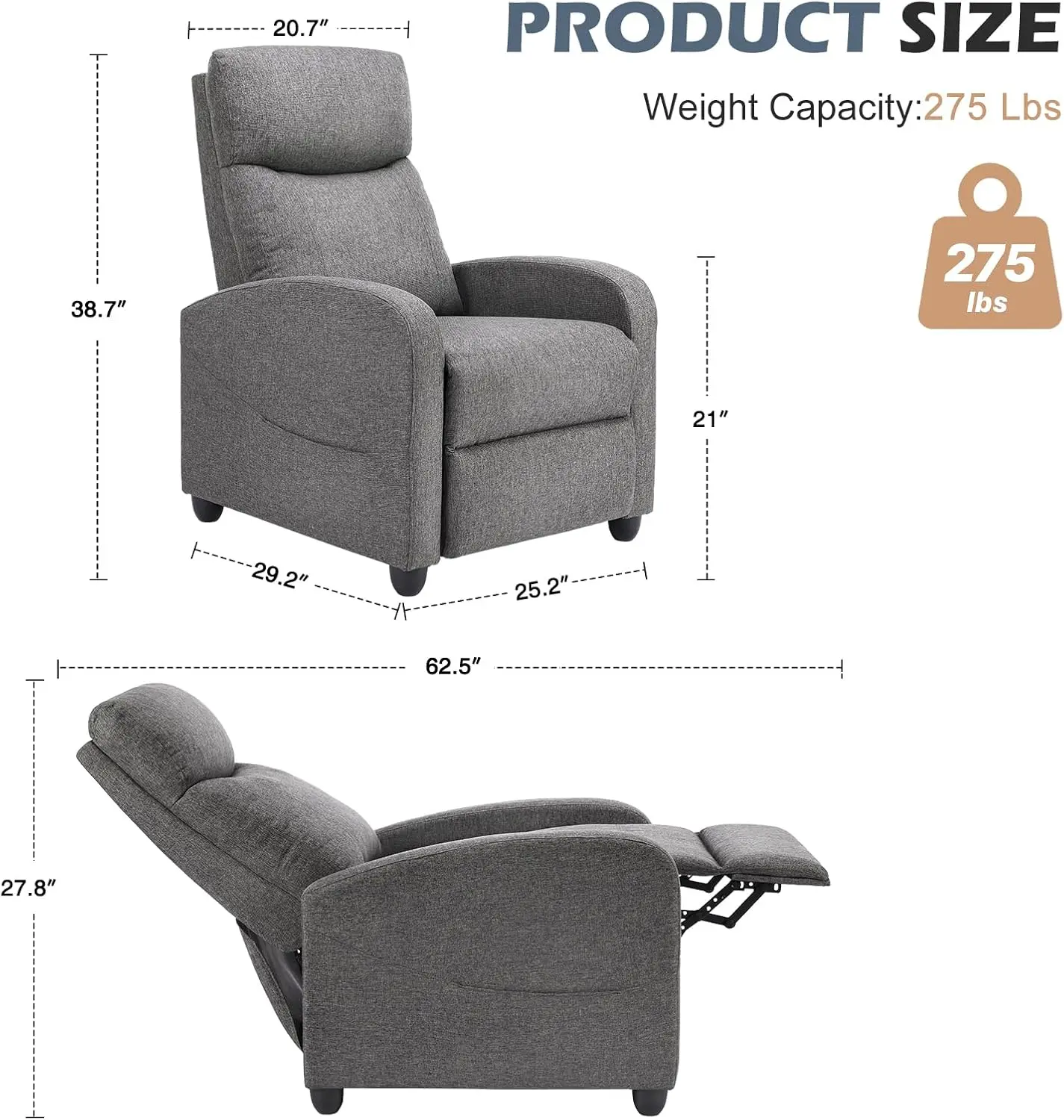 Recliner Chair for Adults, Massage Fabric Small Recliner Home Theater Seating with Lumbar Support, Adjustable Modern Reclining