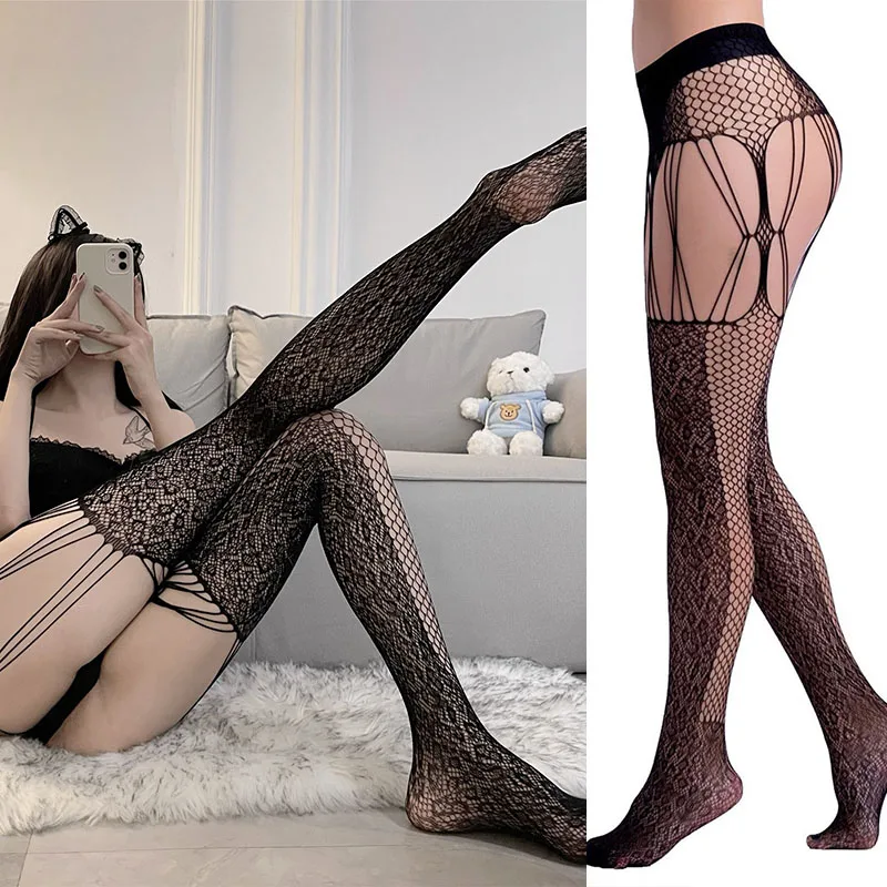 New Sexy Fishnet Suspenders Stockings Women Sexy Lingerie Mesh Garters Knee Socks Erotic Tights Open Crotch Pantyhose With Belt