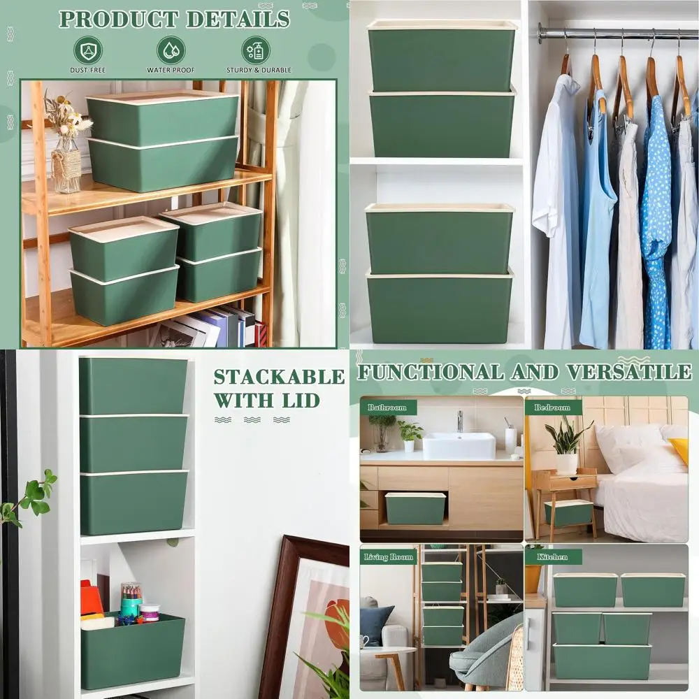 

Stackable Plastic Storage Bins with Lids, 6-Pack, Large & Small, 14.4x10.4x5.1 Inches, Green Decorative Organizer for Clothes, S