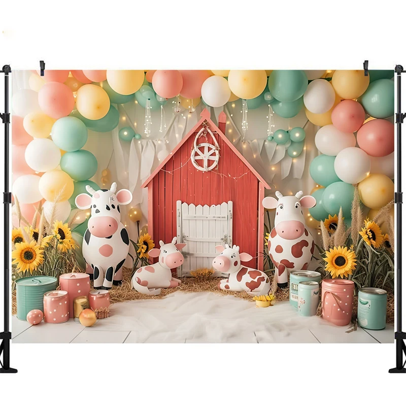 LS Photography Background Farm Barn Cow Balloon Decoration Props Kids Birthday Party Cake Smash Photo Backdrop Studio