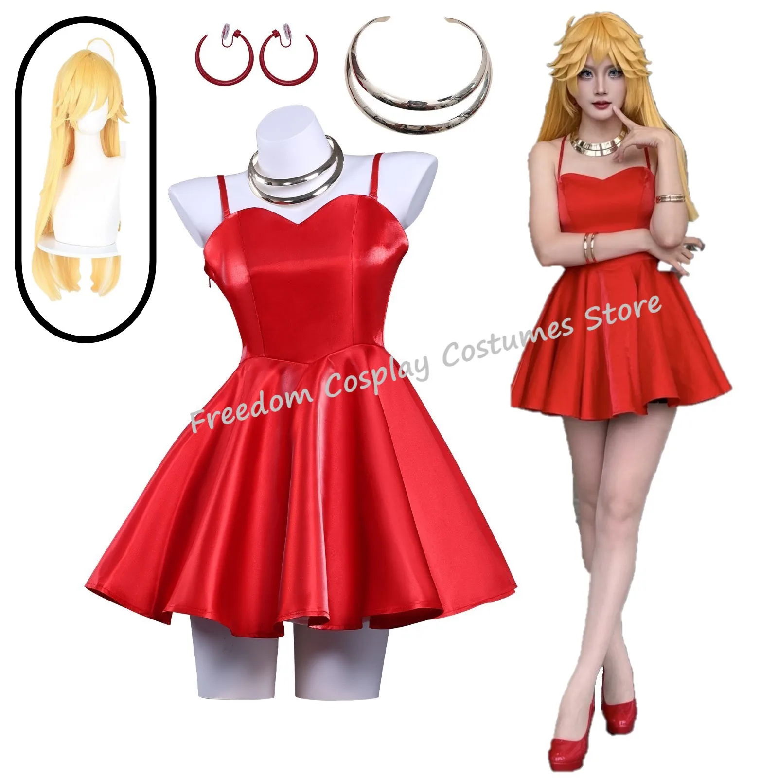 

NEW Anime Panty & Stocking Cosplay Anarchy Costume wig Sexy Red Suspender Dress Elegant Gown with for Women Halloween Party suit
