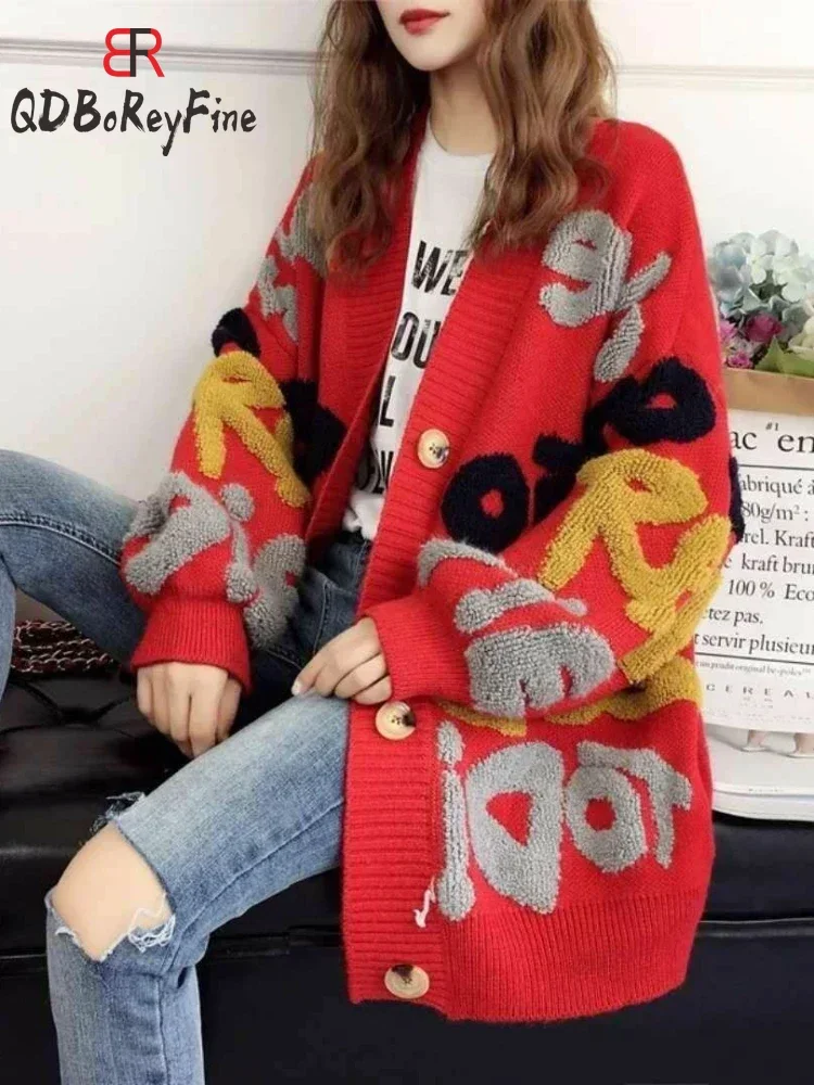 Women's Oversized Sweater Coat 2024 Autumn New Lazy Letter V Neck Thick Warm Long Knitted Cardigan for Women Outerwears Clothing