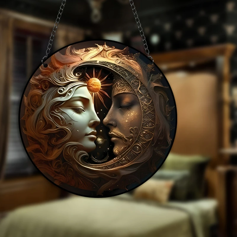 Sun and Moon Acrylic Decoration with Metal Chain Stain Plastic Wall Art Decor Yard Craft Christmas Decor Stained Suncatcher