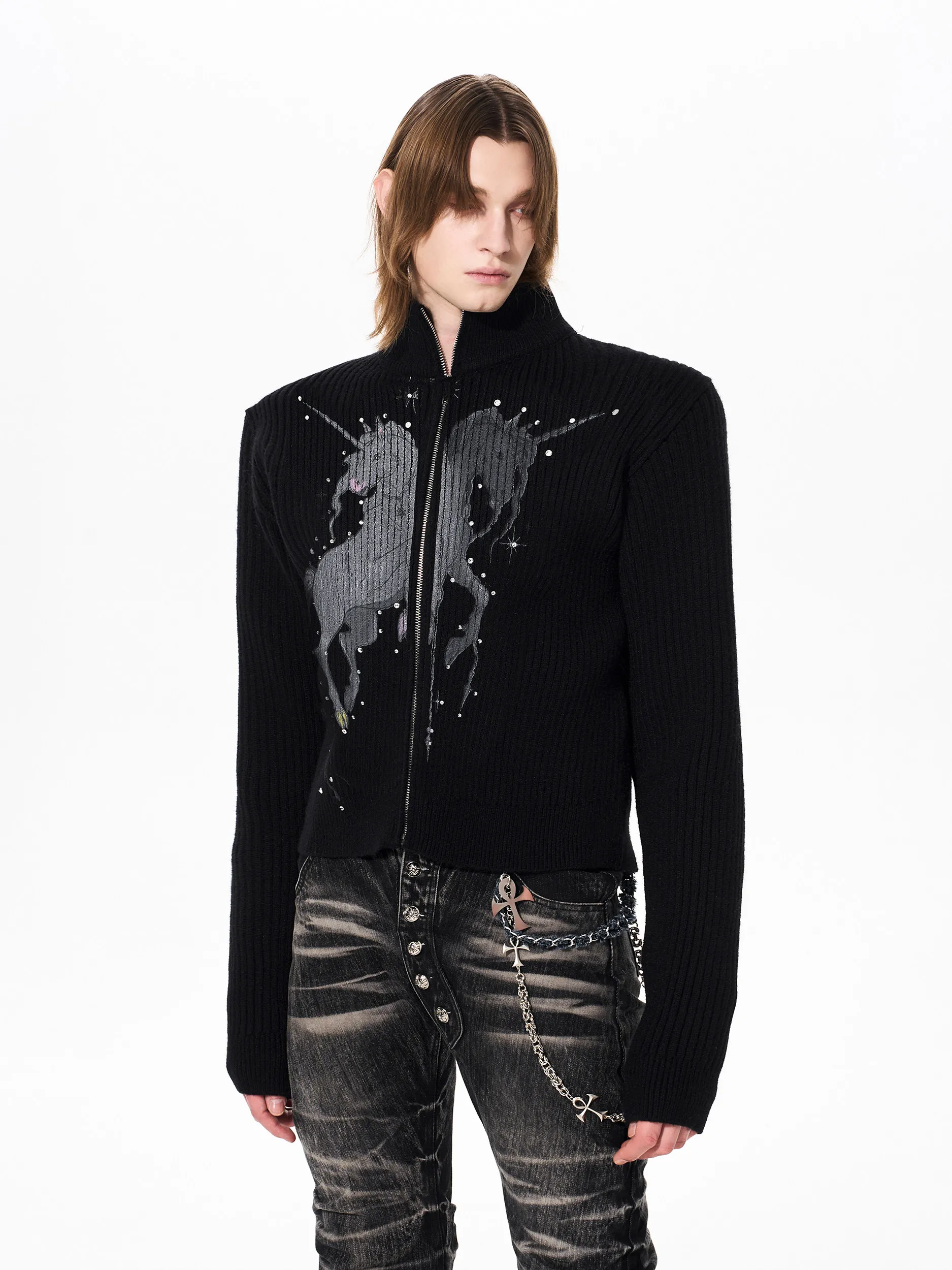 

Men's Knitted Print Jacket Thickened Slim Fit Stand Collar Winter Fashion Outerwear Casual Zipper Closure Gothic Style Sweater