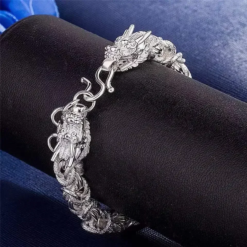 

S925 Sterling Silver Men's Women's Dragon's Head Chain Bracelet Retro Trendy Jewelr Chains