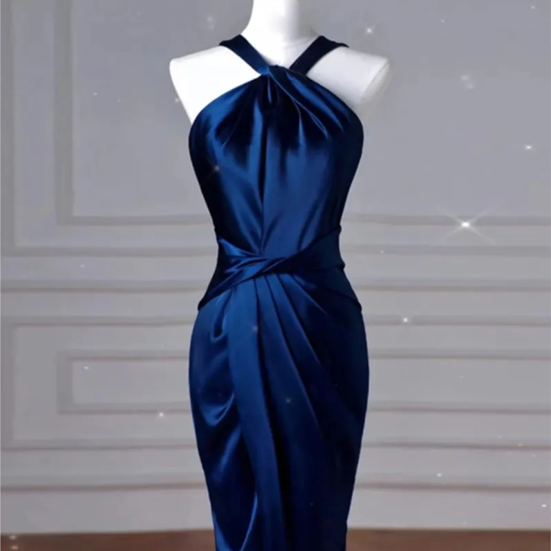 Blue neck fish tail light luxury small party banquet host welcome performance long dress