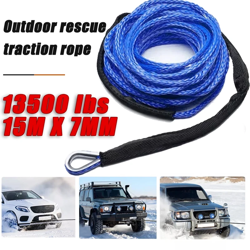 

15mX7mm 13500LBS Synthetic Winch Rope Line Recovery Cable 4WD ATV UTV W/ Sheath Traction Rope