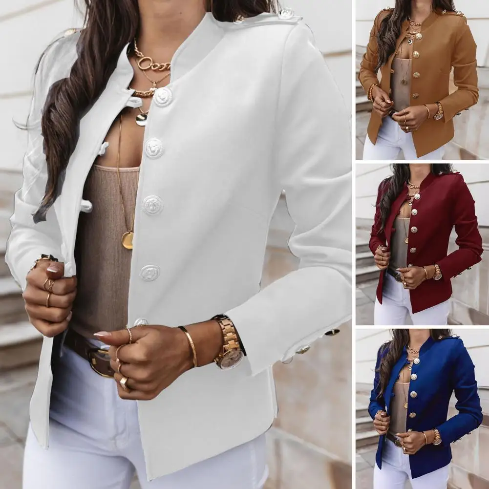 New Fashion Suit Jackets Elegant Women's Long Sleeve Single Breasted Suit Simple Stand Neck Casual Solid Color Coats