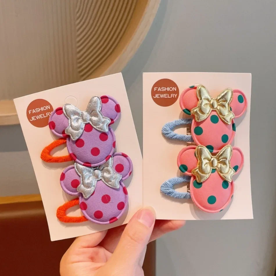 4pairs Kids Cartoon Polka Dot Mouse Ear Hair Clips Bow Decor Girls Side Bang Barrettes Sweet Korean Style Hair Accessories ZX07
