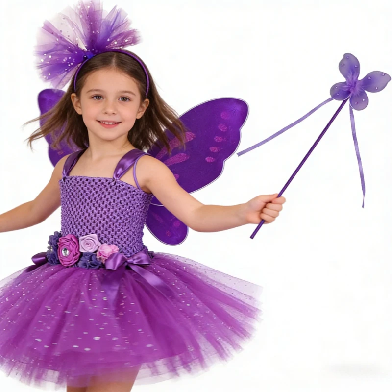 Sparkly Purple Flower Fairy Princess Dresses Girls Twinkle Angel Outfit with Butterfly Wings Kids Christmas Halloween Costumes