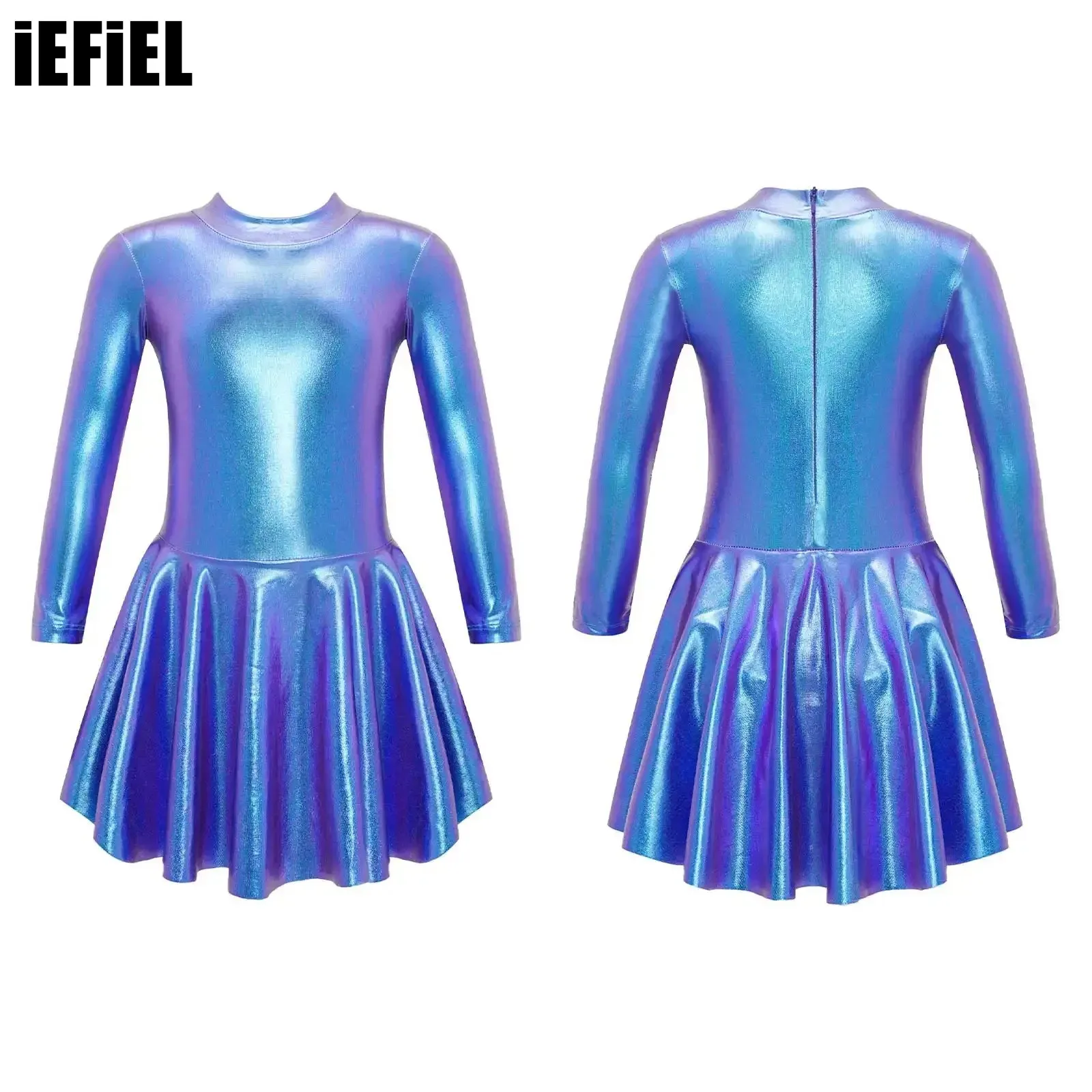 

Kids Girls Bronzing Cloth Dance Dress Stylish Clothing Long Sleeve Round Neckline Invisible Zipper Back Skating Dress