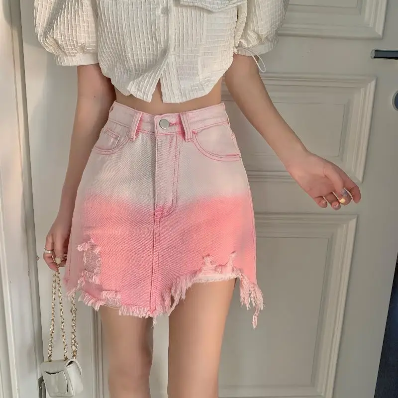 

Short Gyaru Women's Denim Skirt Patchwork Mini Female Jeans Skirts Pink Tie Dye 2024 Trend Stylish New Cheap Chic and Elegant V