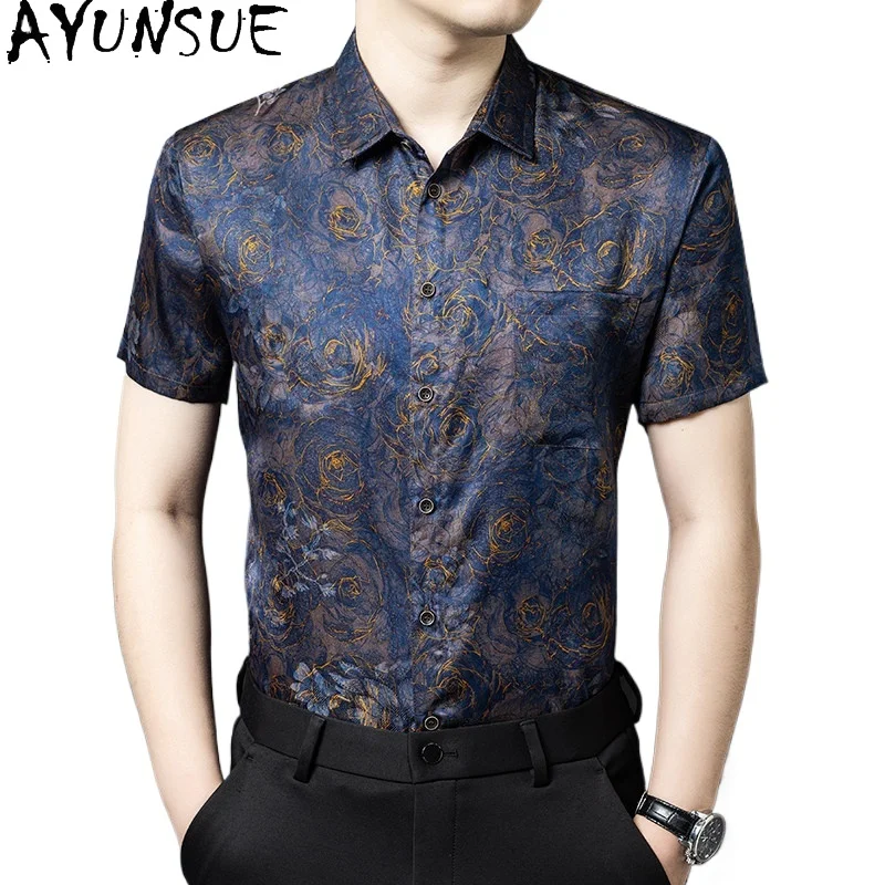 

AYUNSUE 100% Natural Mulberry Silk Shirts for Men Short Sleeve Tops 2026 Summer Fashion Floral Shirt Man Clothing Ropa De Hombre