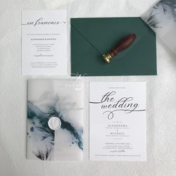 Watercolor green design vellum cover with Black ink with nice font design invitation .