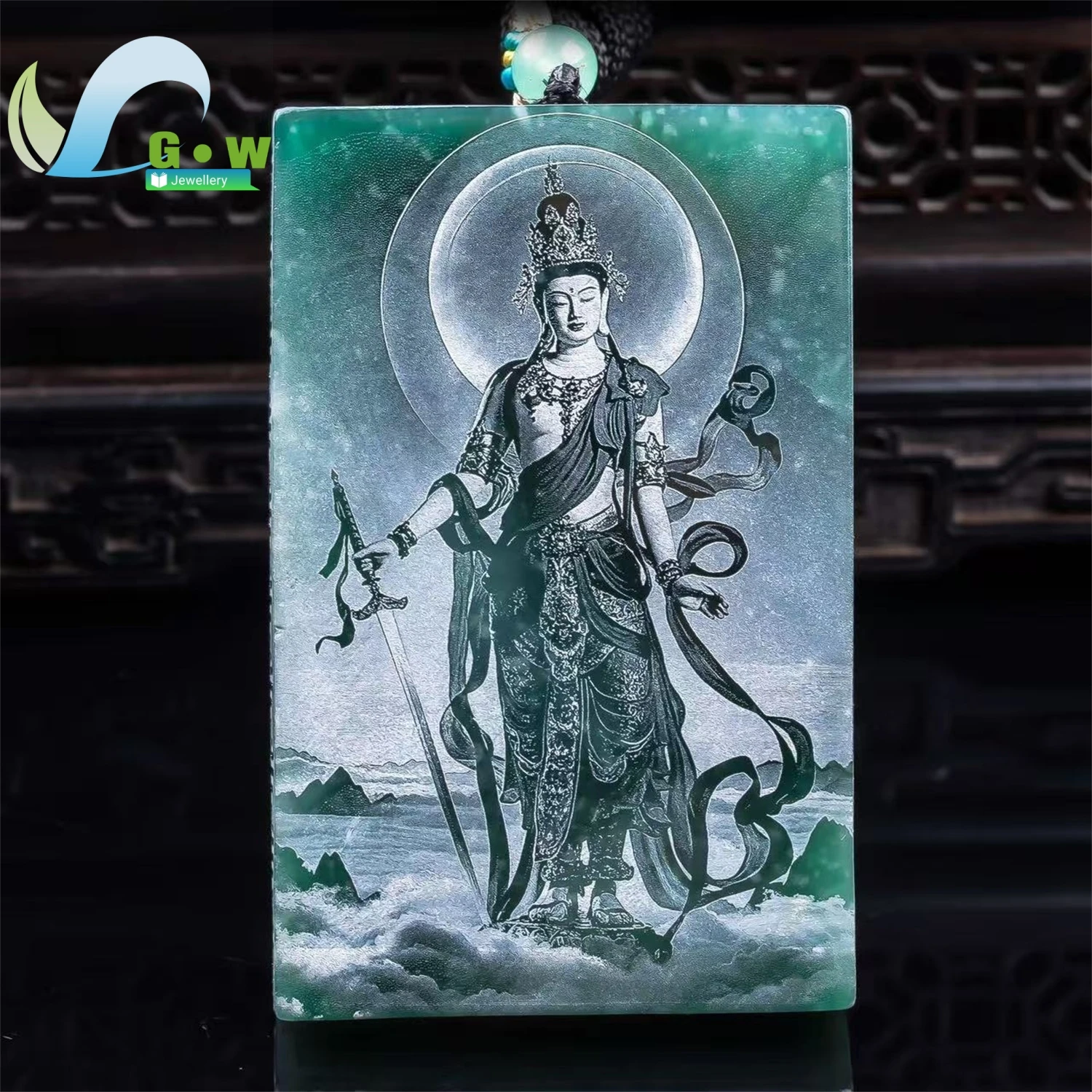 Natural A Grade Jadeite Blue Water Manjusri Pendant Double Sided Shadow Carving High Ice Hanging Ornament Unisex Gift