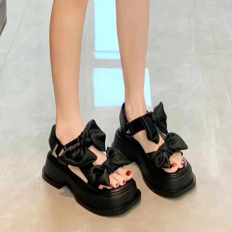 LazySeal Flowers Bow Decoration Fashion Women Platform Sandals Chunky Heel 8cm Wedge Shoes For Woman Sweet Summer Casual Shoes