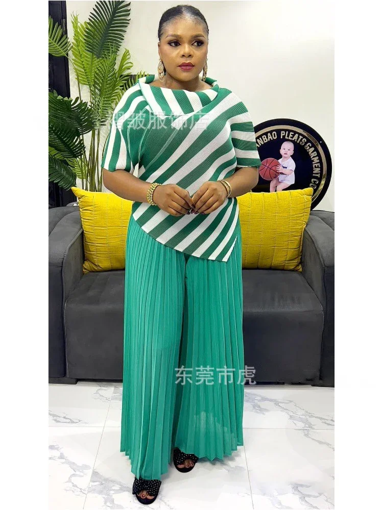 EGRM Fashion Pleated Two Piece Set Women Irregular Striped Print Tops + Wide Leg Trousers Elegant Party 2024 New Clothing 6R7105