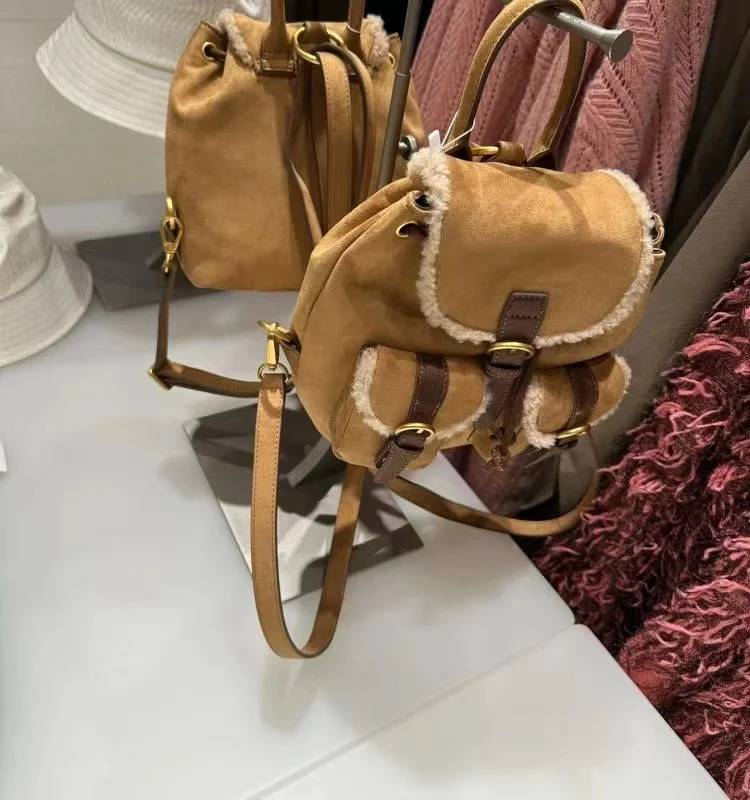 Retro Suede ket Bapa Women's Cact Double oulder Lamb Fur Bag Versatile Youth Daily Use ex PU Material
