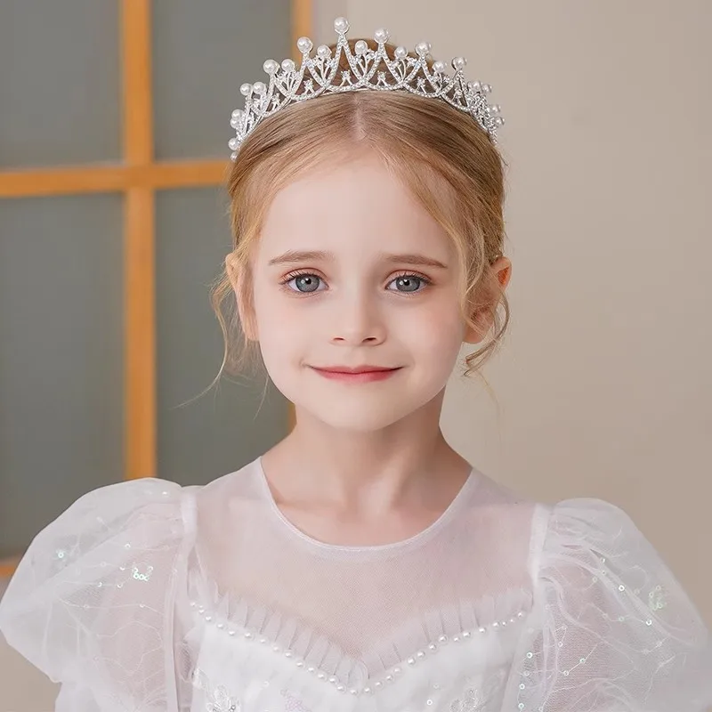 Children\'s Crown Pearl Rhinestone Crystal Bridal Tiara Temperament Headdress Princess Shape High-end Dress Accessories