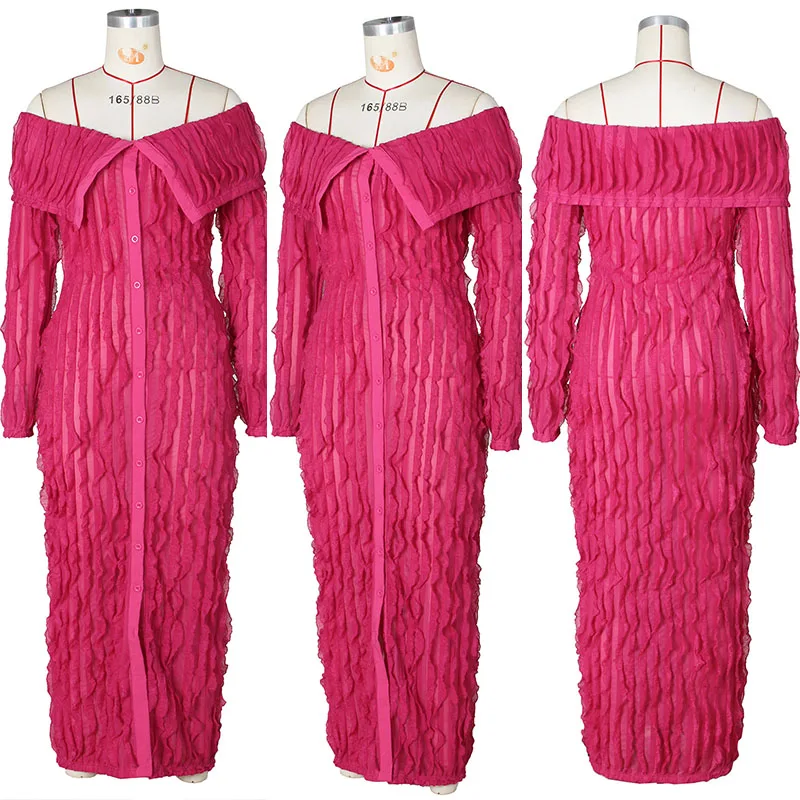 Sexy Off The Shouler Wave Striped Cardigan Long Dress Women Elegant Party Night Club Single Breasted Bodycon Maxi Dress Vestidos