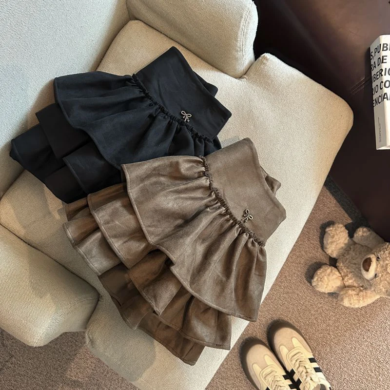 Vintage Suede Mini Skirt Women Y2K High Waist Ruffles All Match Cake Skirt Female Streetwear Casual Fluffy A Line Skirt New