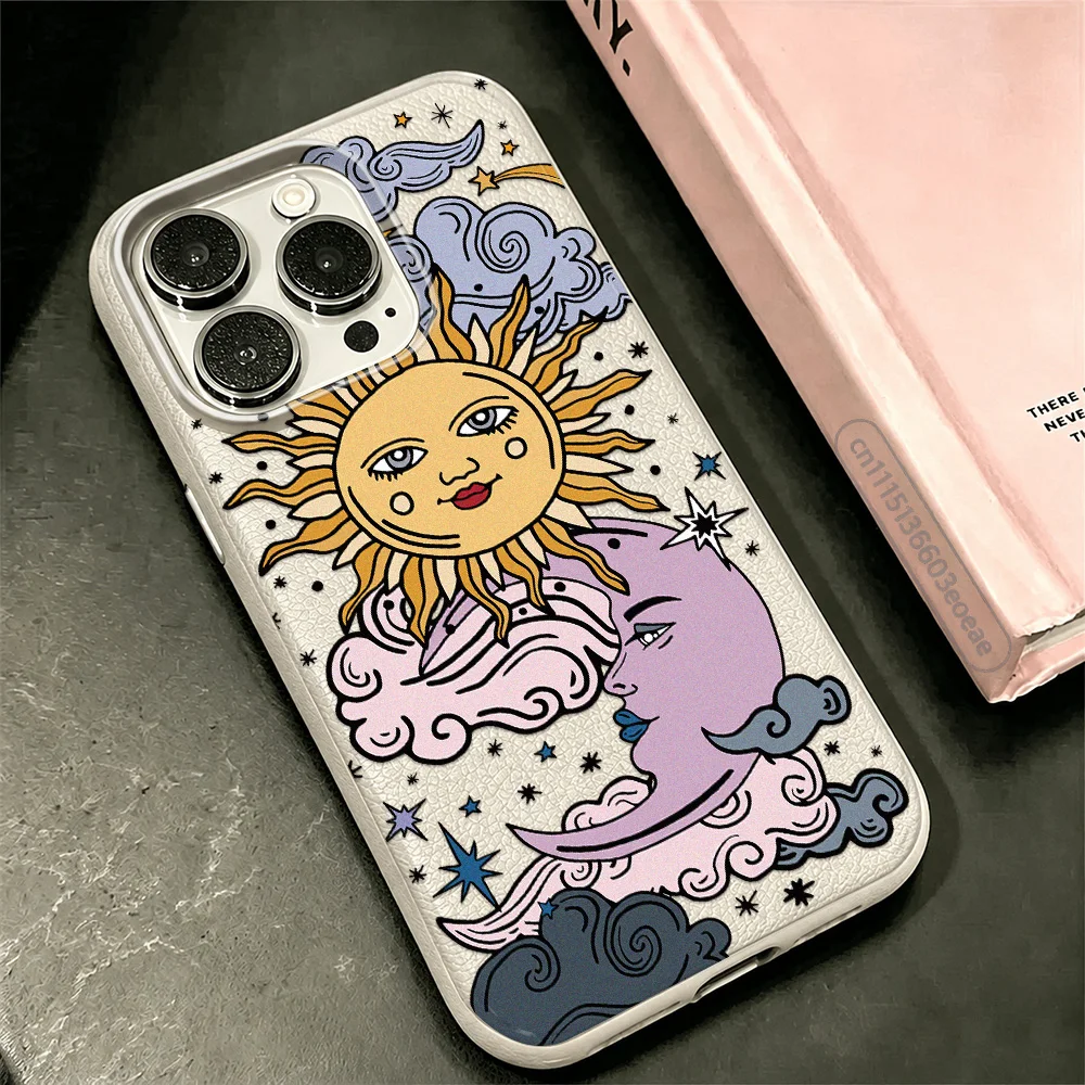 Luxury Leather Case For Iphone 15 13 17 11 16 18 14 Plus 12 Pro Max Air 17E 16E Sun Moon Illustration Shockproof Cover