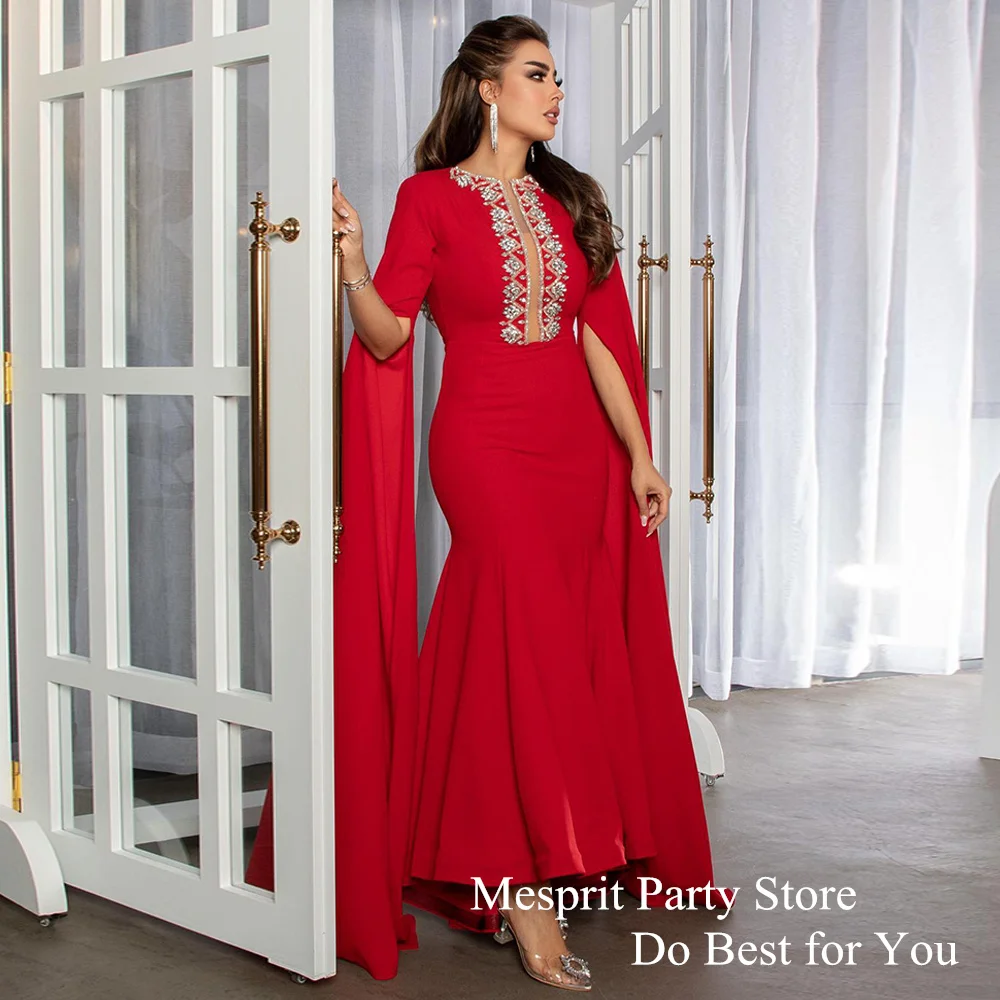 

Lady Red Prom Dress Round Neck Long Sleeves Beading Crystal Ankle Length Mermaid Evening Dresses Saudi Party Gown فساتين سهرة
