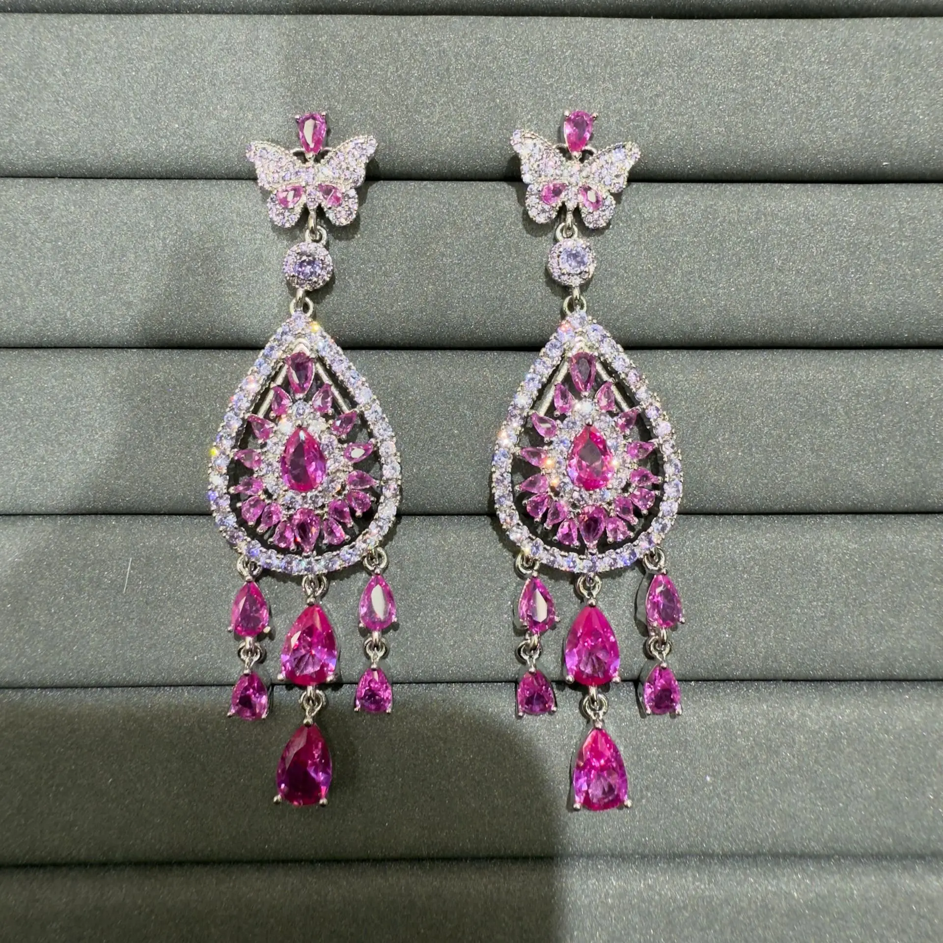 fashion cubic zirconia earrings for women sweet cute jewelry butterfly and teardrop dangling earrings fushia pink blue yellow