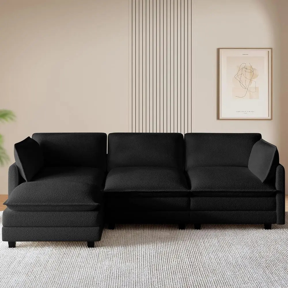 L-Shaped Chenille Sofa with Movable Ottoman, 4 Seats, 2 Throw Pillows, Suitable for Living Room or Bedroom