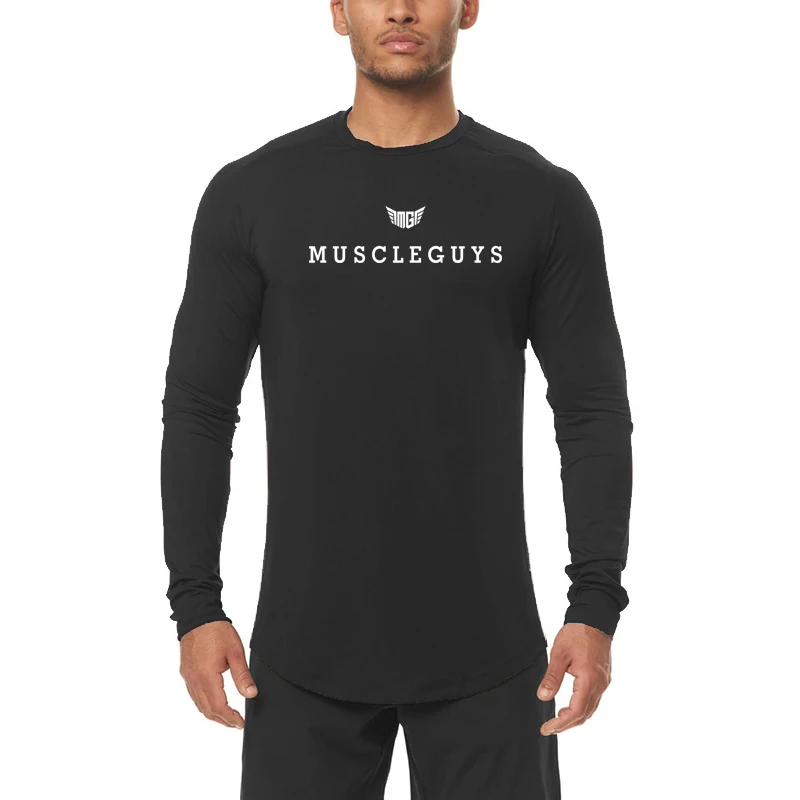 

Футболки для бега Мужские спортивные футболки с круглым вырезом и длинными рукавами Aurumn Весенние повседневные рубашки с изогнутым подолом Быстросохнущие облегающие рубашки для тренажерного зала и фитнеса