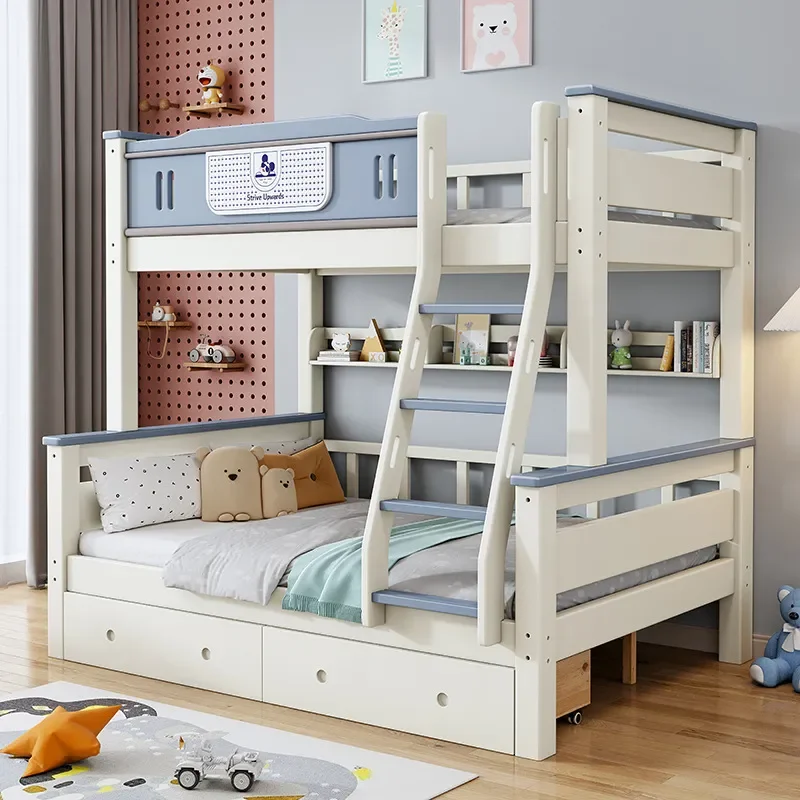 Simple Solid Wood Bunk Bed High Low Two Layer Mother Child Bed with Storage for Boys and Girls