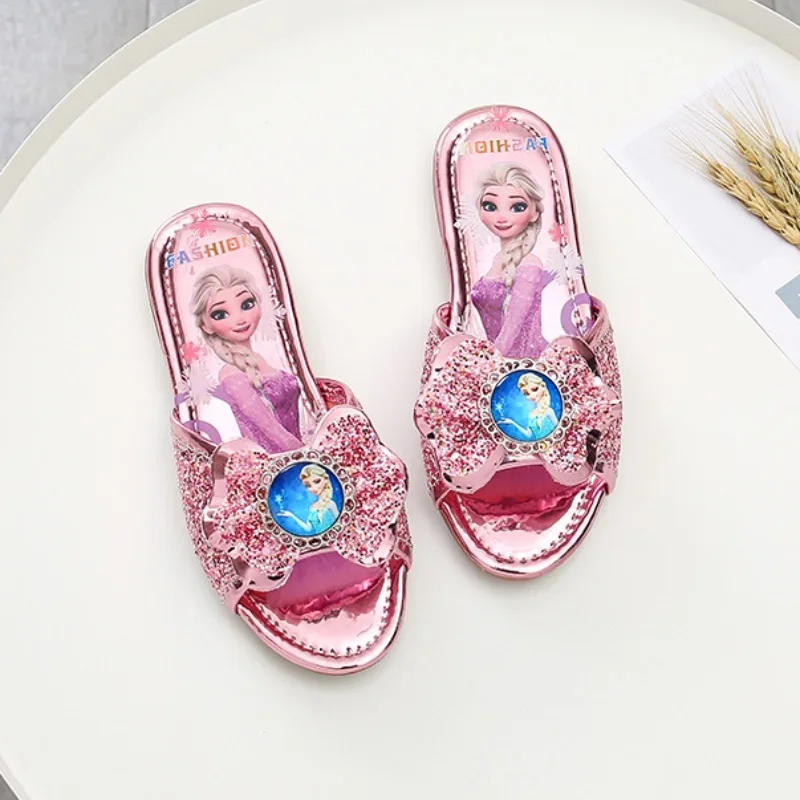 Children\'s Slipper for Girls Summer Princess Open-toe Flat Slippers Fashion Sequins Bowtie Fashion Causal Kids Frozen Elsa Soft